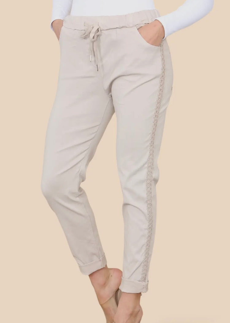 MILLIE | beige magic stretch trousers with embroidery at side seam