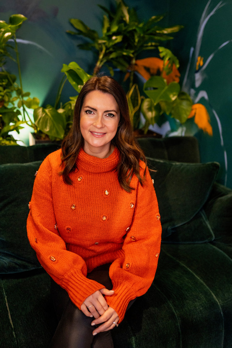 JAMEY | orange diamante embellished roll neck jumper