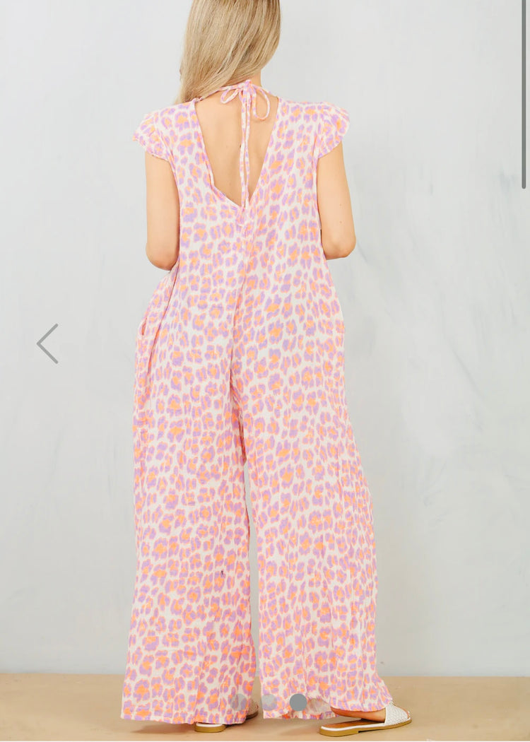 LANA | lilac and orange leopard print cheesecloth wide leg jumpsuit
