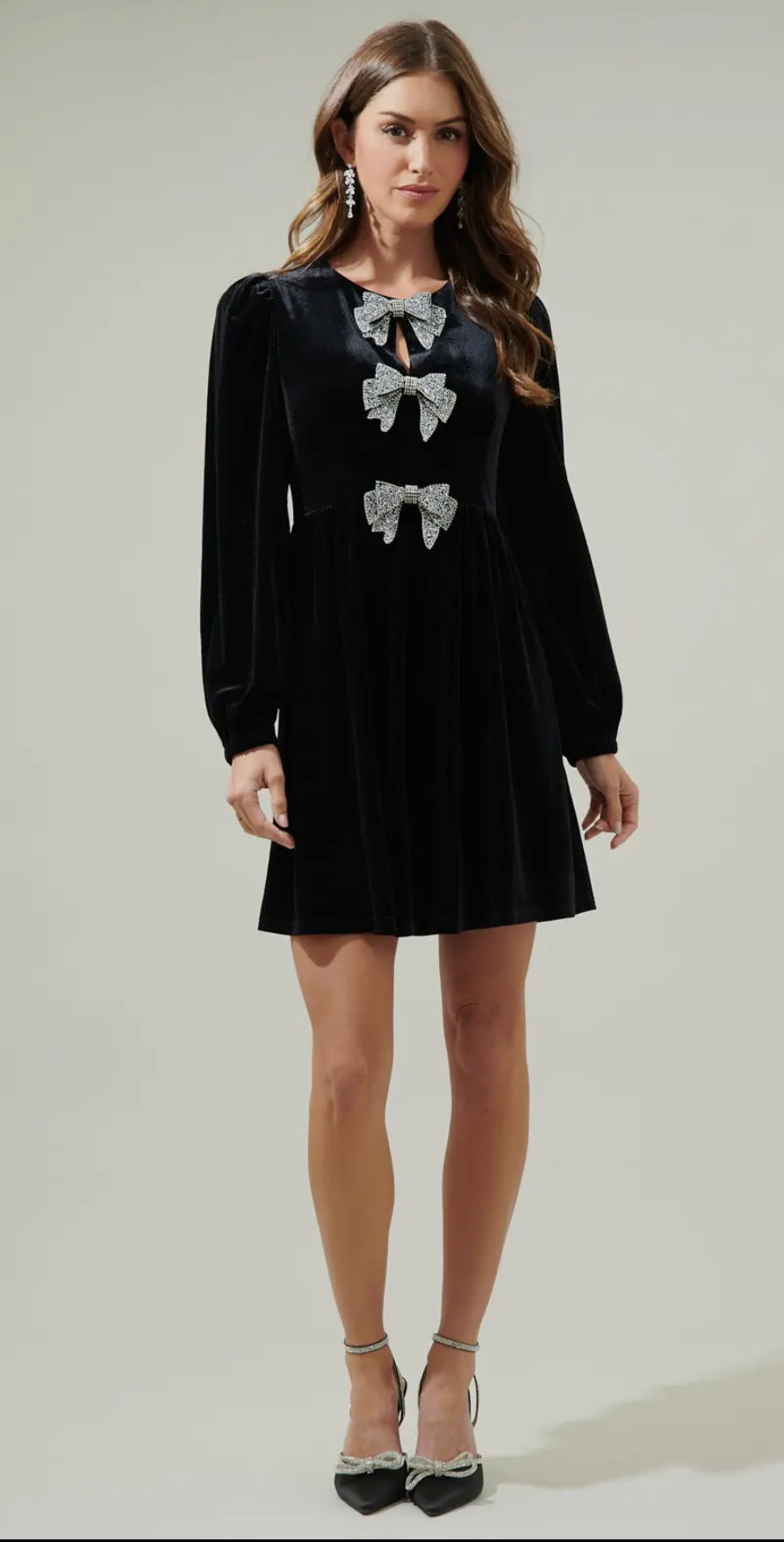 KIMMY | black velvet mini dress with diamant bow detail  ToriLane