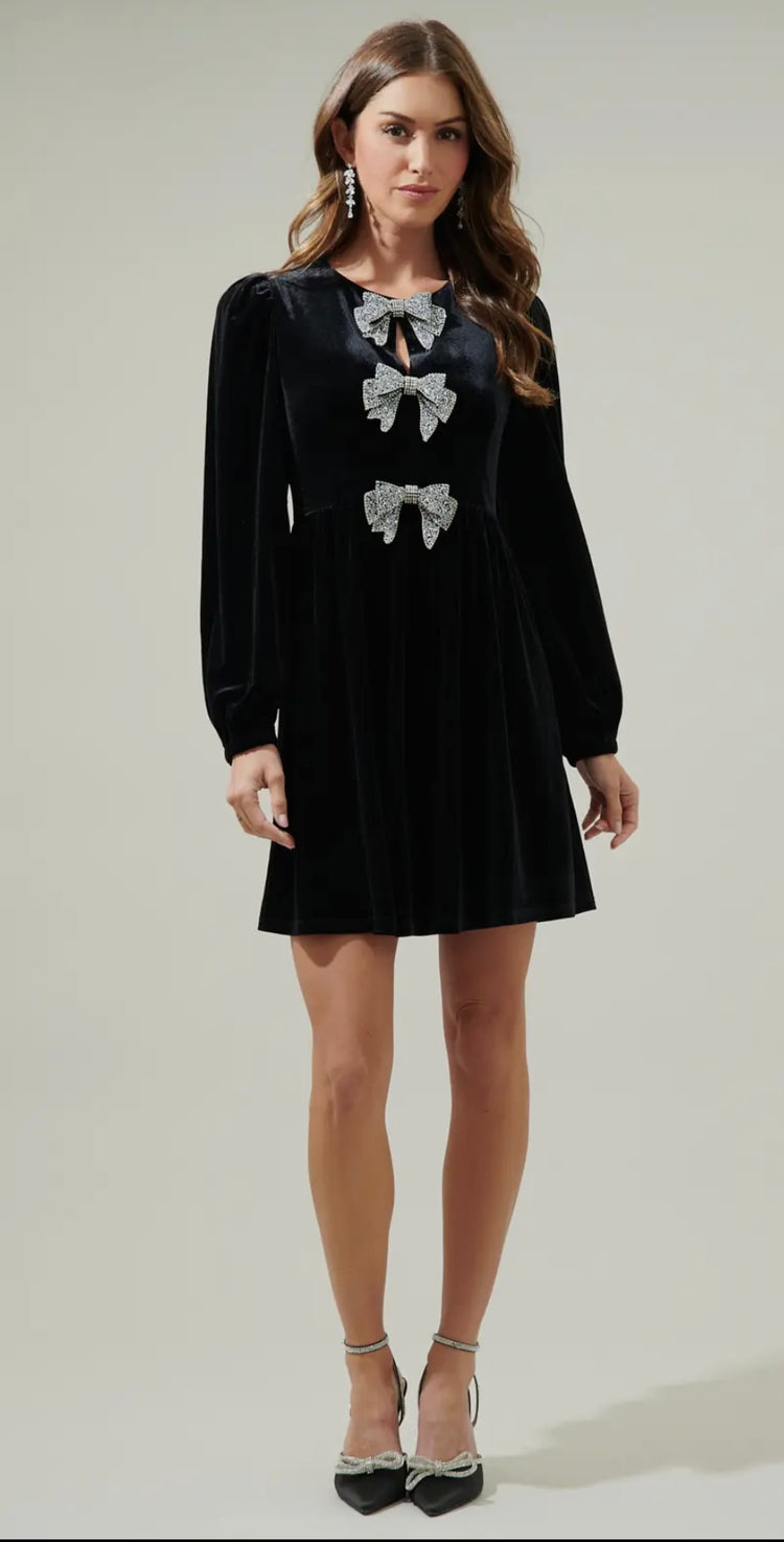 KIMMY | black velvet mini dress with diamanté bow detail