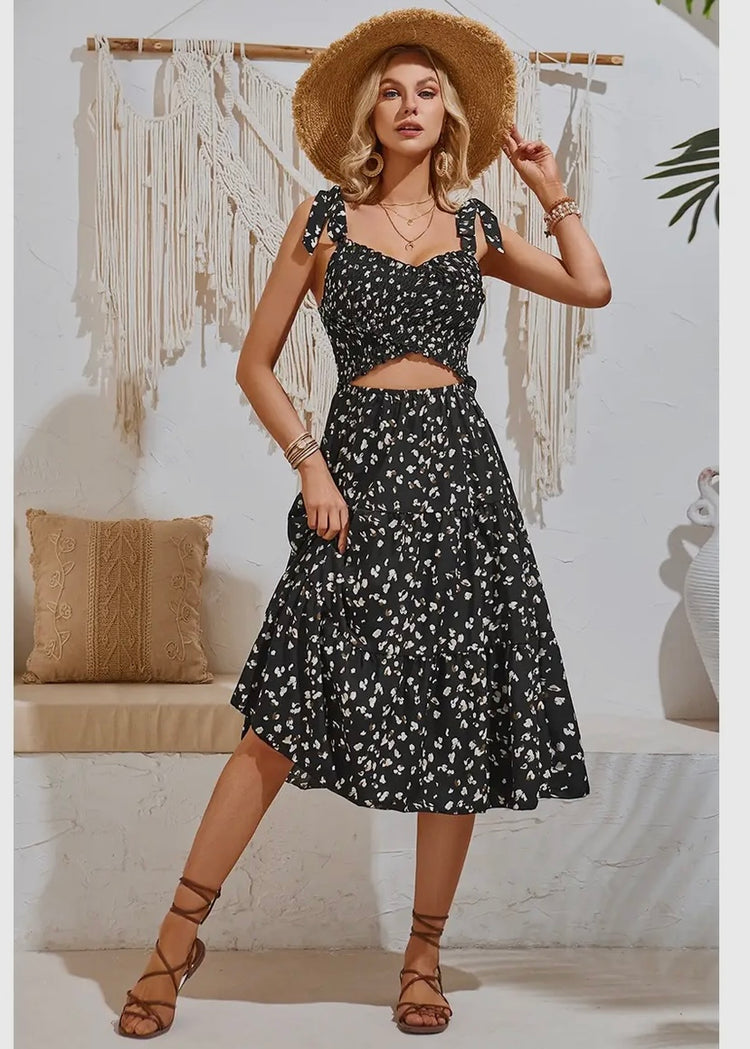 SIENA | black leopard print midi dress with shirred crossover detail and elasticated waist