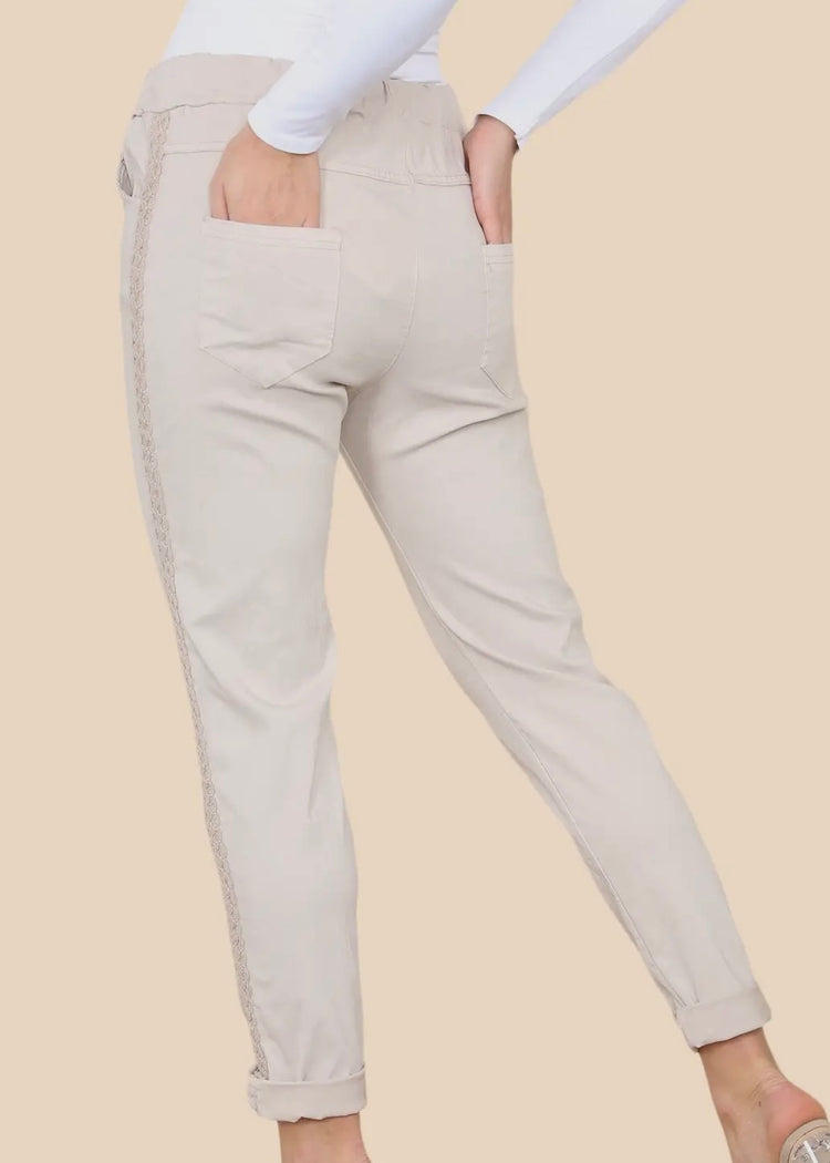MILLIE | beige magic stretch trousers with embroidery at side seam