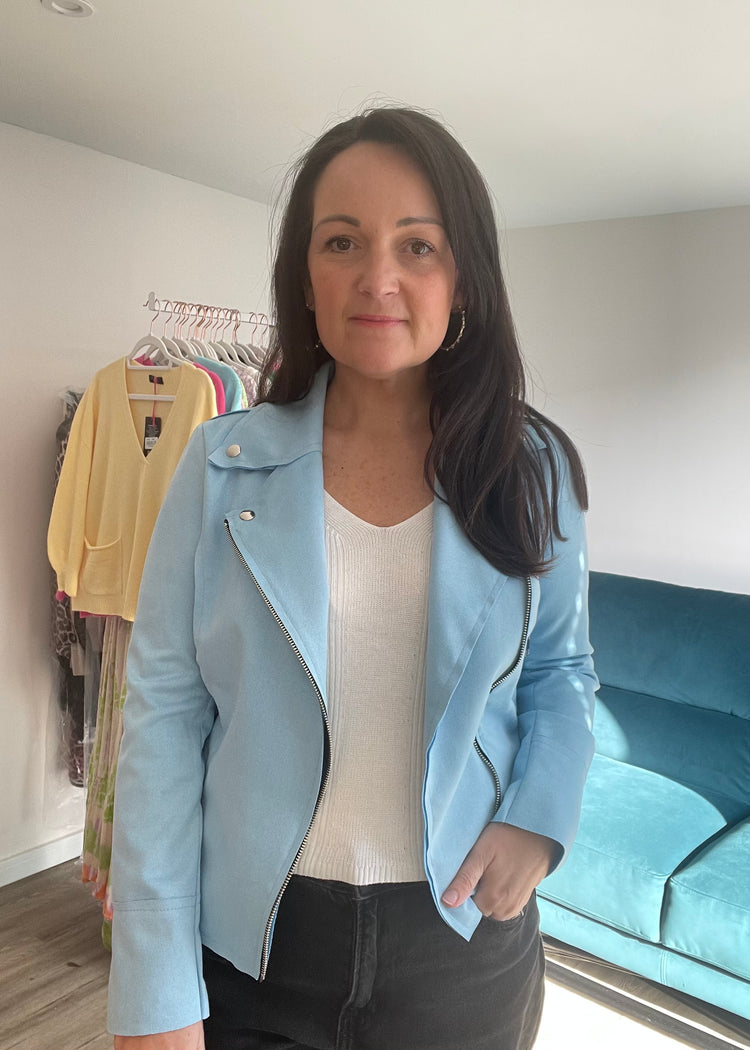 ELLA | light blue faux suede biker jacket