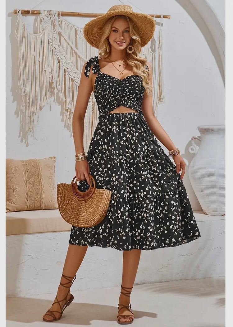 SIENA | black leopard print midi dress with shirred crossover detail and elasticated waist