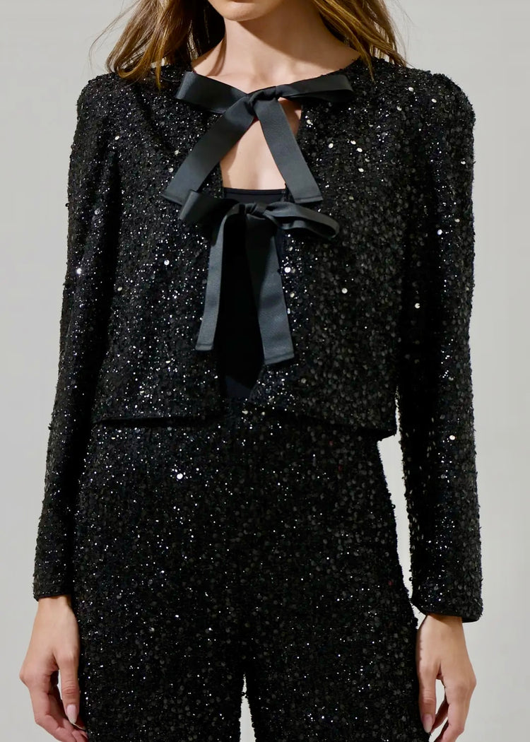 CHLOE | black sequin tie detail cardigan