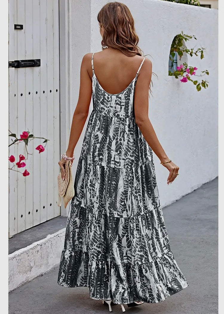 CLARA | black and white print strappy maxi dress