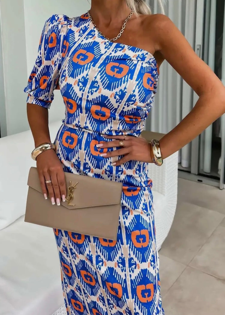 KATE | blue and orange one shoulder midiaxi dress