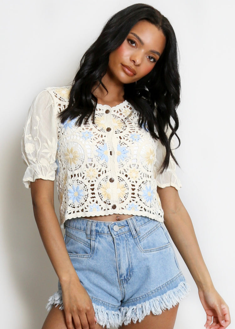 JESS | floral crochet cardigan with frill sleeve