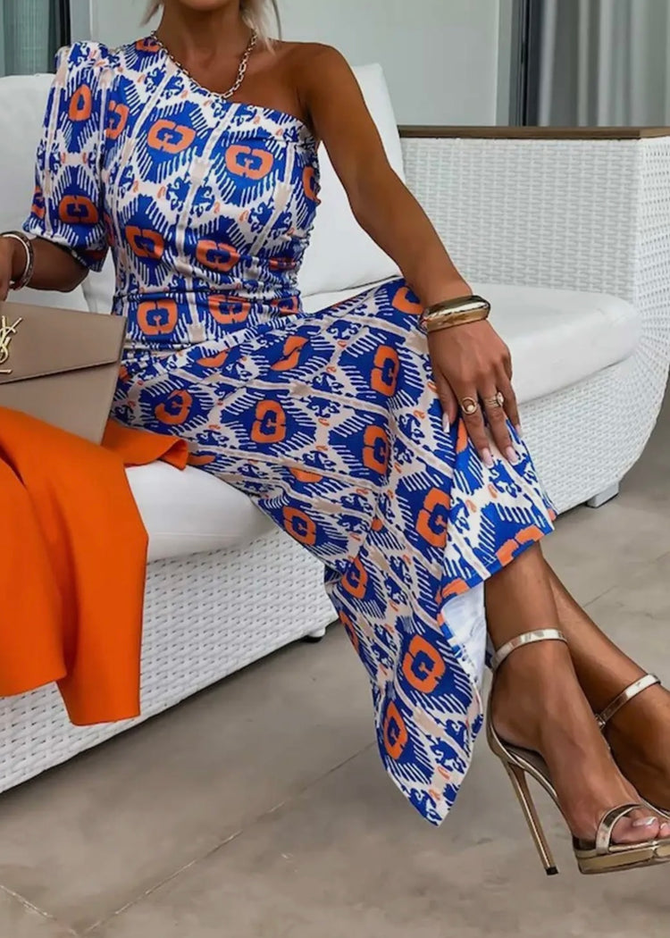 KATE | blue and orange one shoulder midiaxi dress