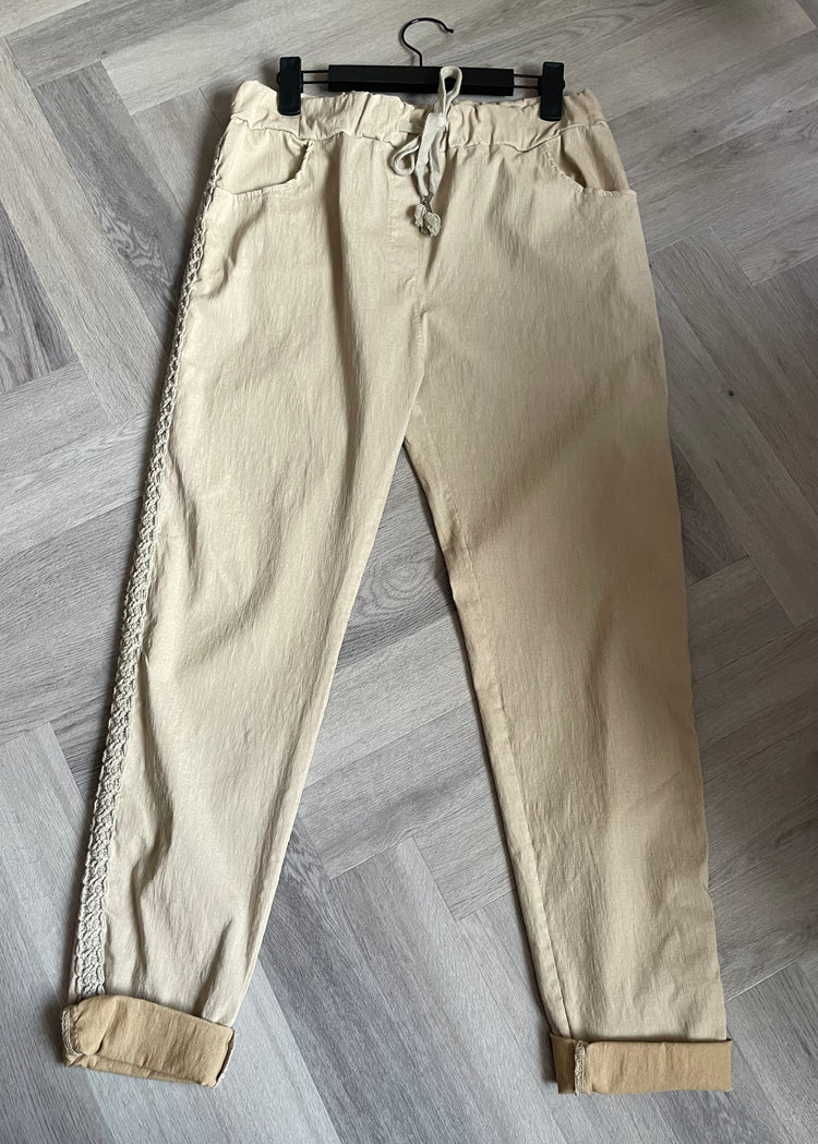 MILLIE | beige magic stretch trousers with embroidery at side seam
