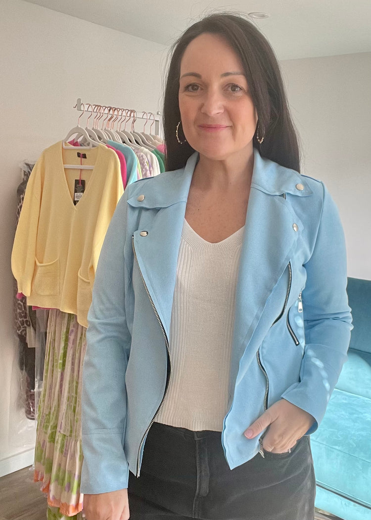 ELLA | light blue faux suede biker jacket