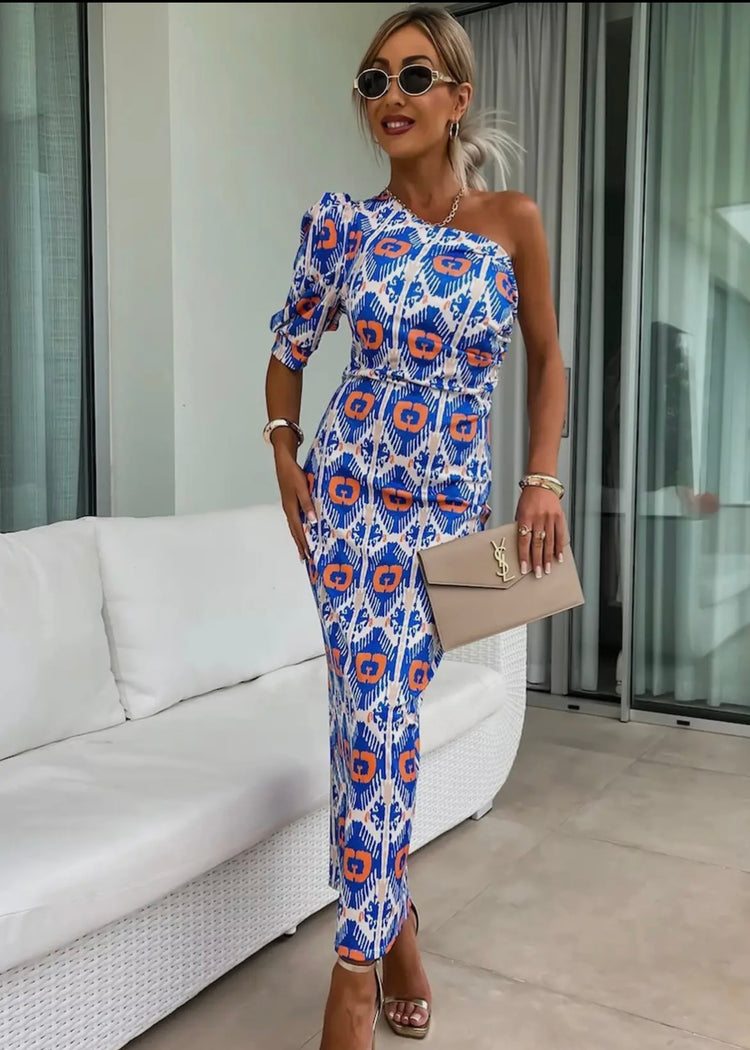 KATE | blue and orange one shoulder midiaxi dress