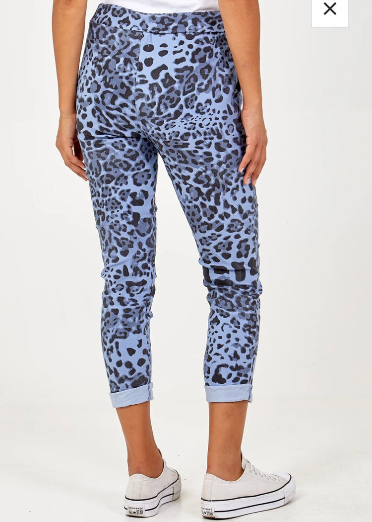 KACEY | blue leopard print magic stretch trousers