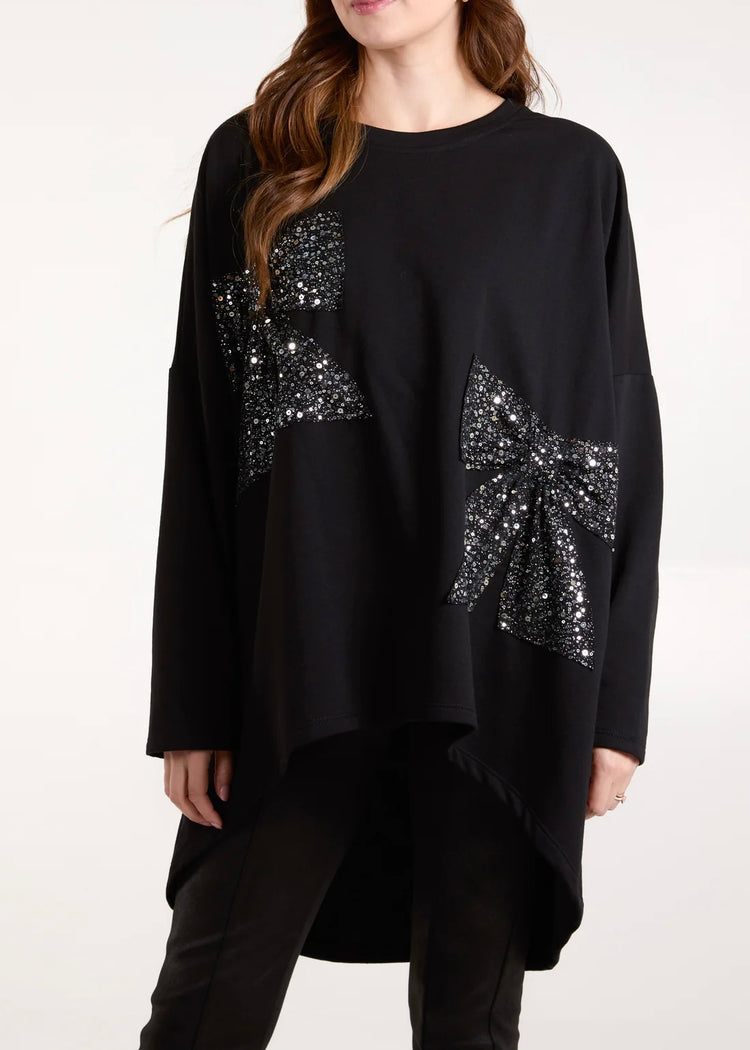 ELYSE | black sequin bow detail high low sweatshirt
