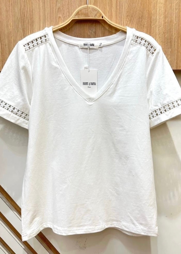 CORA| white v-neck top with cut out detail