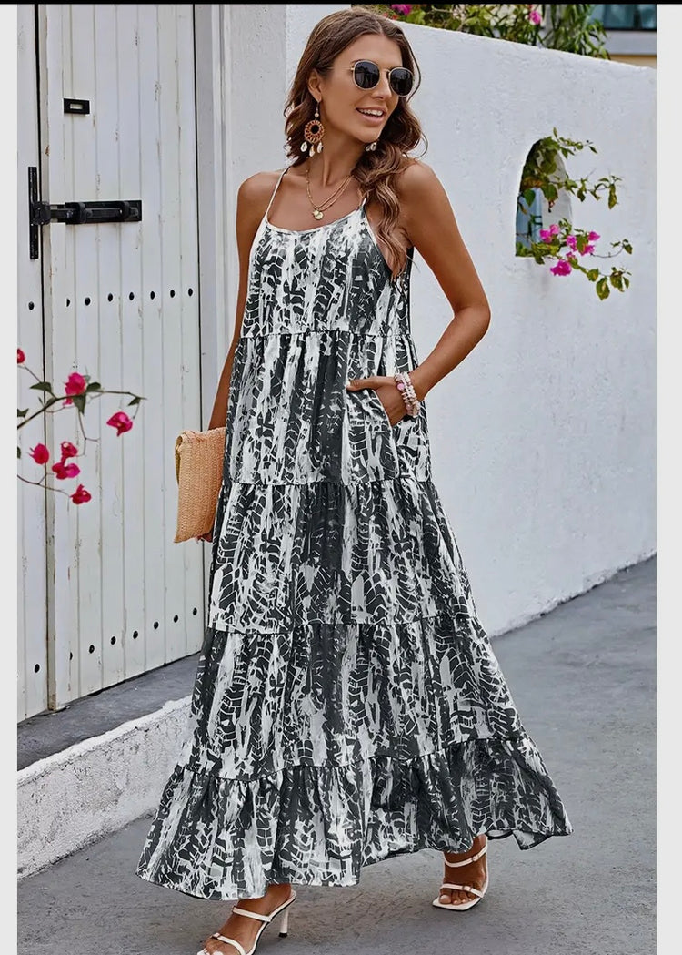 CLARA | black and white print strappy maxi dress