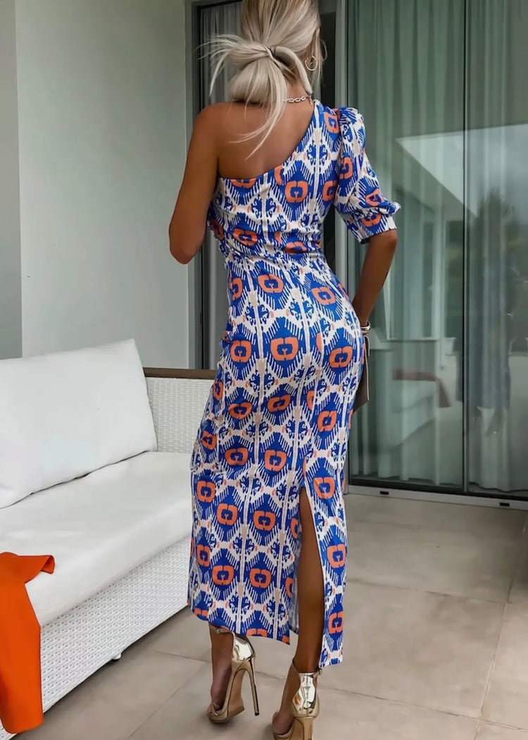 KATE | blue and orange one shoulder midiaxi dress