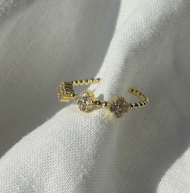 ROSE | 18ct gold PVD plated petite crystal clover adjustable ring