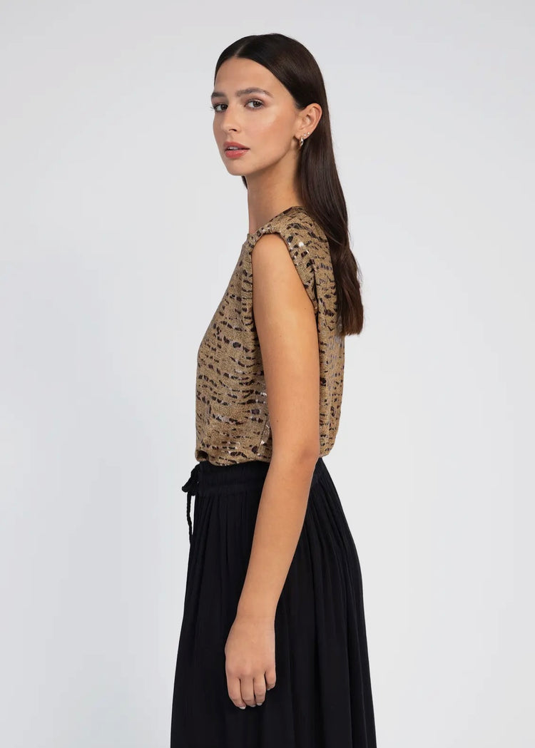 SIENNA | gold leopard print metallic round neck top