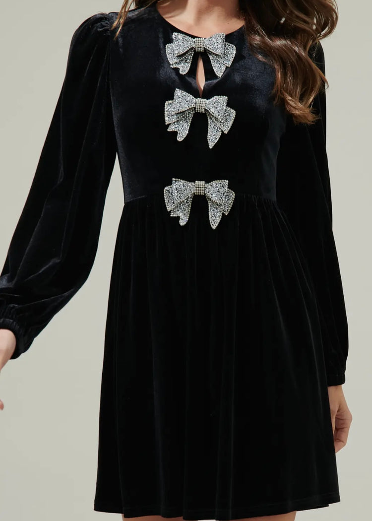 KIMMY | black velvet mini dress with diamanté bow detail