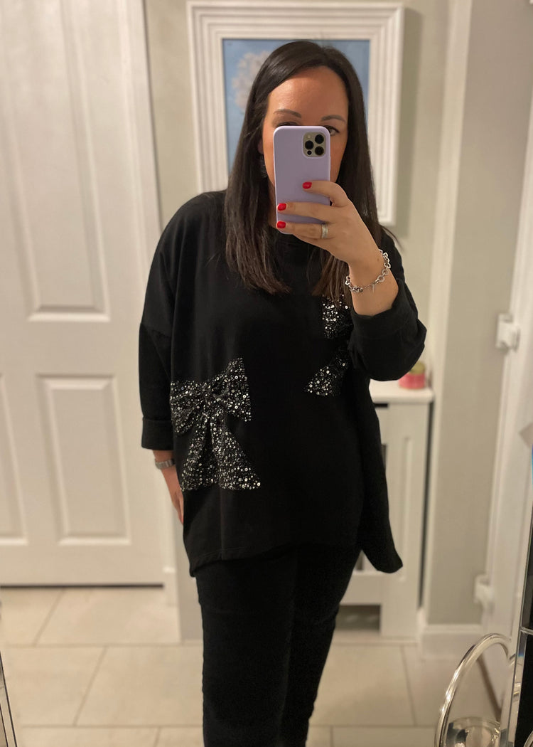 ELYSE | black sequin bow detail high low sweatshirt