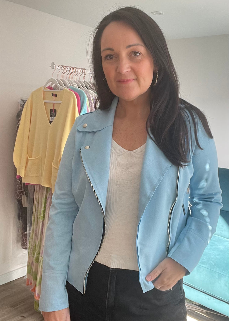 ELLA | light blue faux suede biker jacket