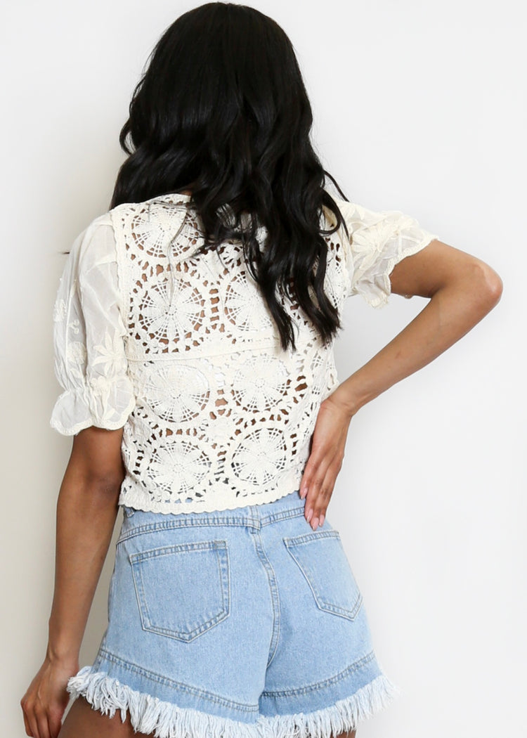 JESS | floral crochet cardigan with frill sleeve
