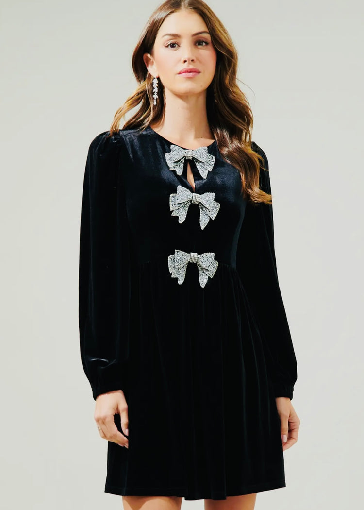 KIMMY | black velvet mini dress with diamanté bow detail