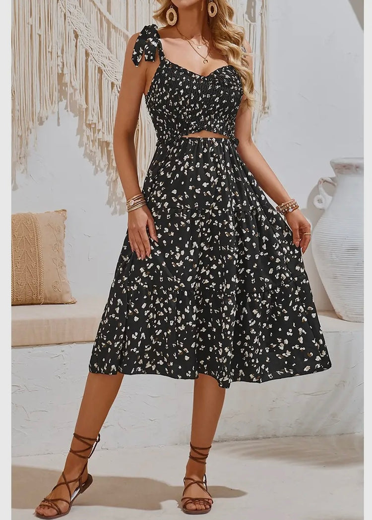 SIENA | black leopard print midi dress with shirred crossover detail and elasticated waist