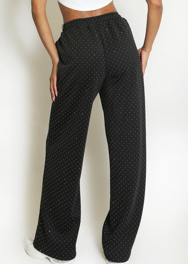 MILLIE | black pintuck rhinestone wide leg trousers