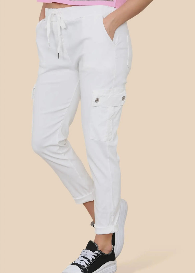 MILLIE | white magic stretch cargo trousers
