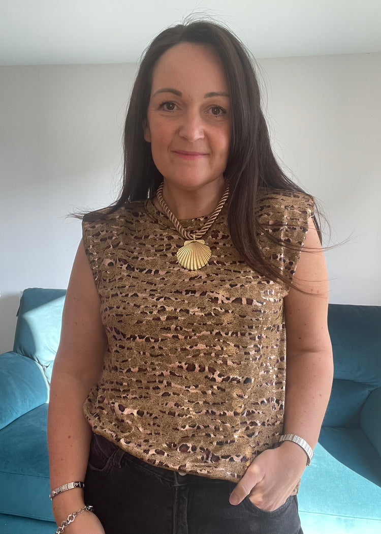SIENNA | gold leopard print metallic round neck top