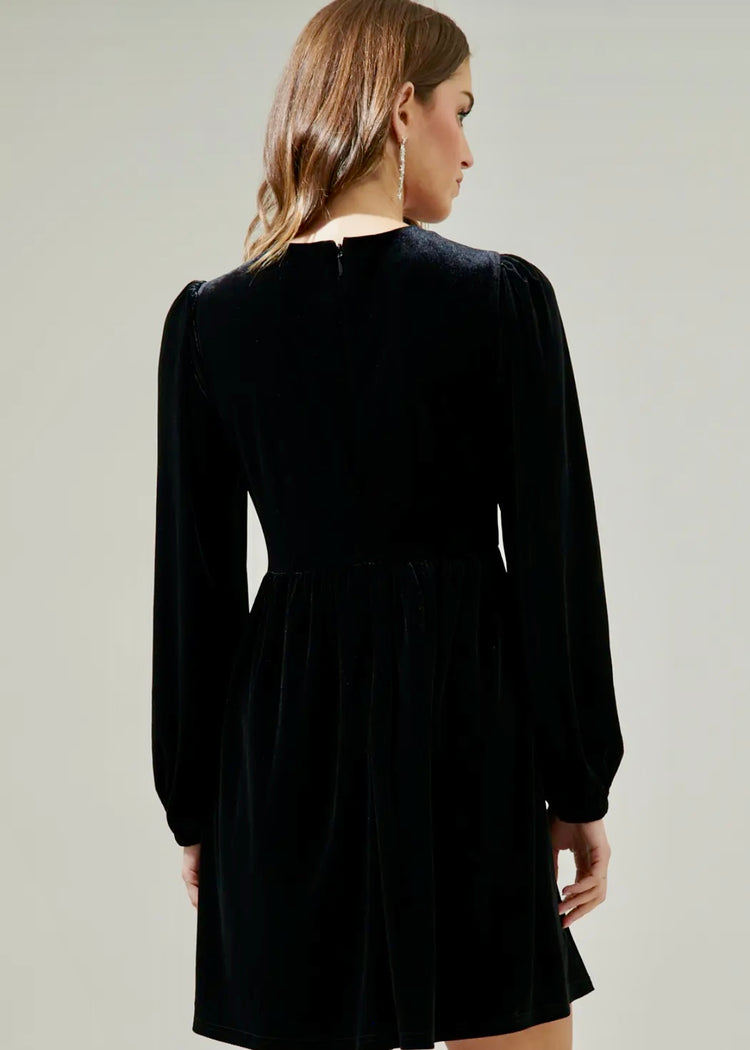 KIMMY | black velvet mini dress with diamanté bow detail