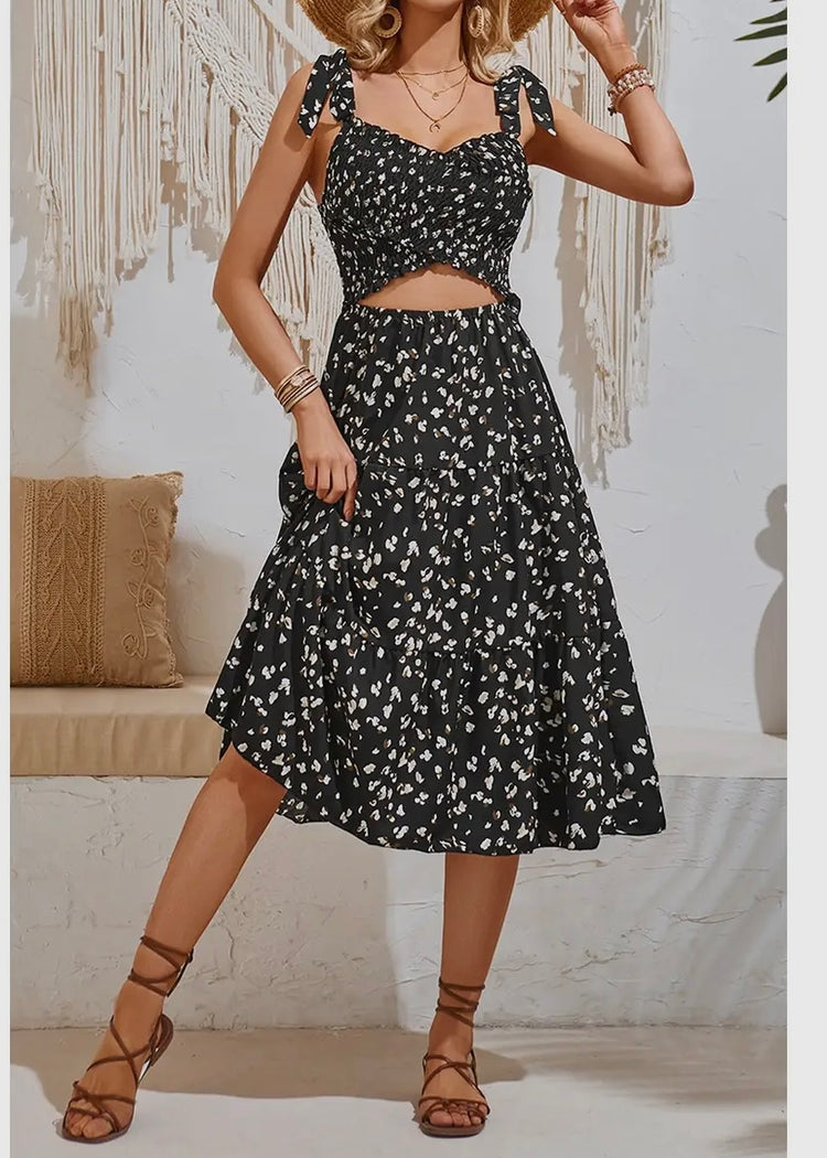 SIENA | black leopard print midi dress with shirred crossover detail and elasticated waist