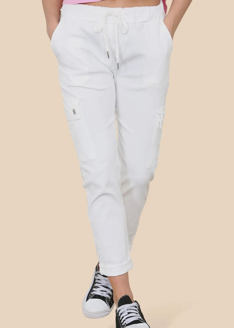 MILLIE | white magic stretch cargo trousers