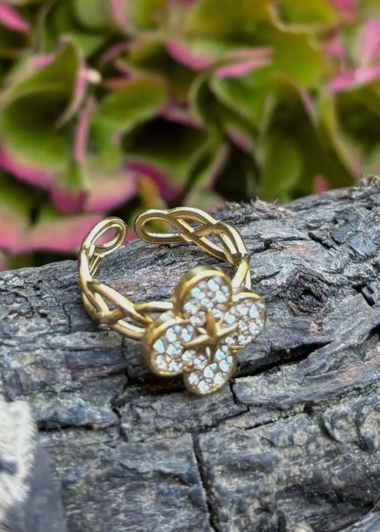 ZURI | 18ct gold plated cubic zirconia clover adjustable ring