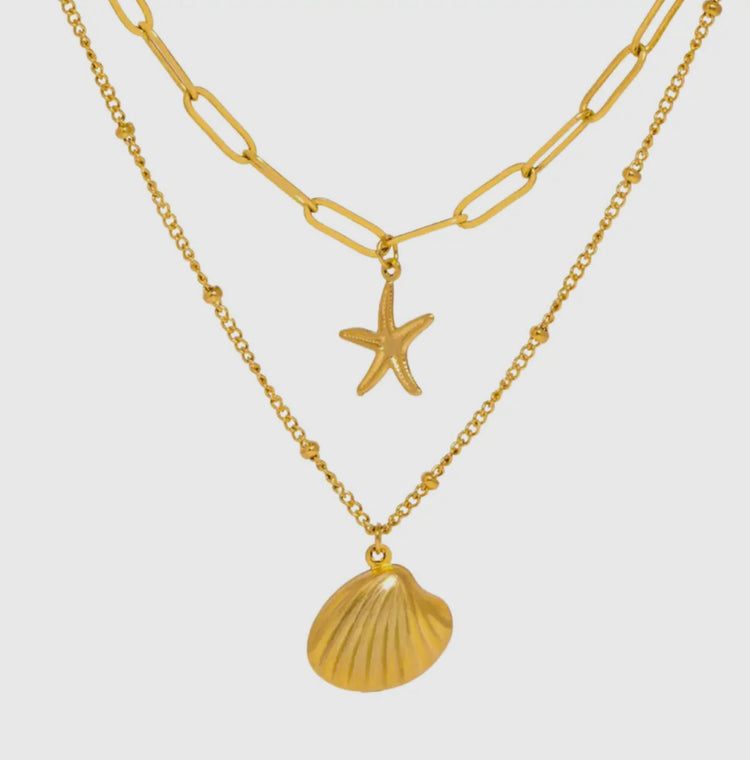 OCEANA | gold starfish and shell double strand necklace