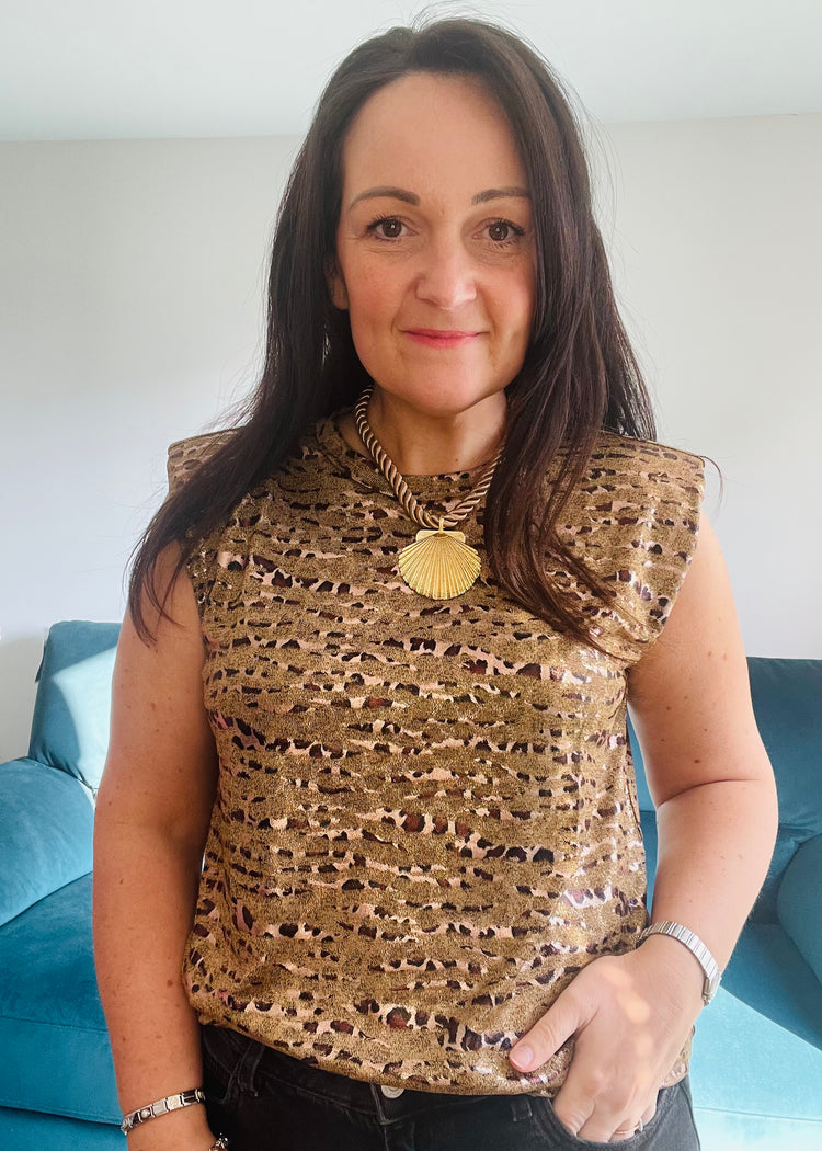 SIENNA | gold leopard print metallic round neck top