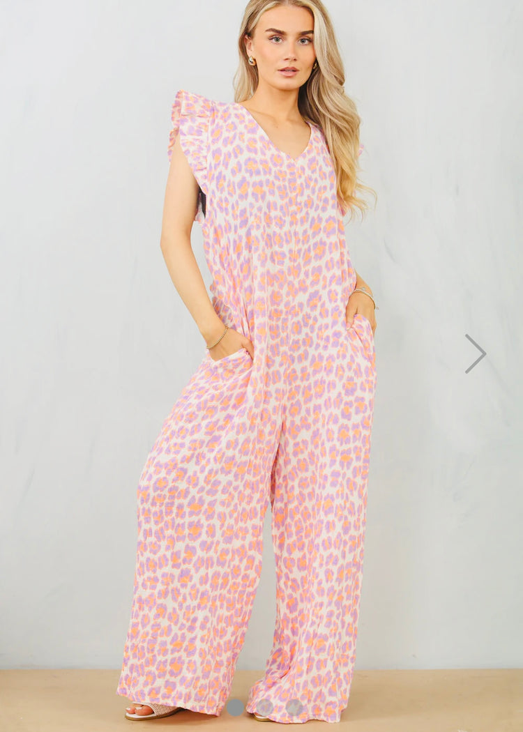 LANA | lilac and orange leopard print cheesecloth wide leg jumpsuit