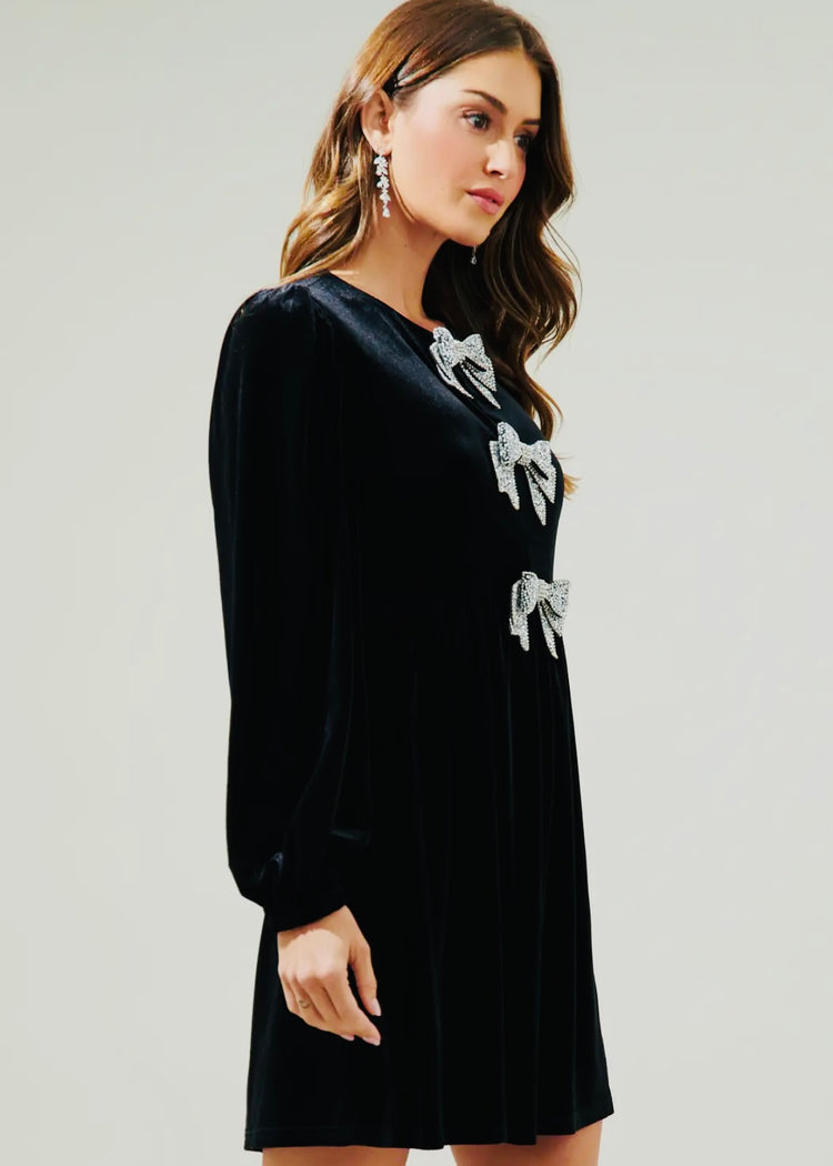 KIMMY | black velvet mini dress with diamanté bow detail