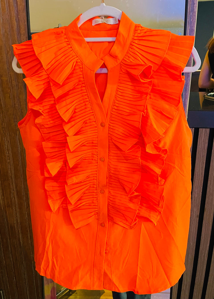REMI | neon orange ruffle detail sleeveless blouse