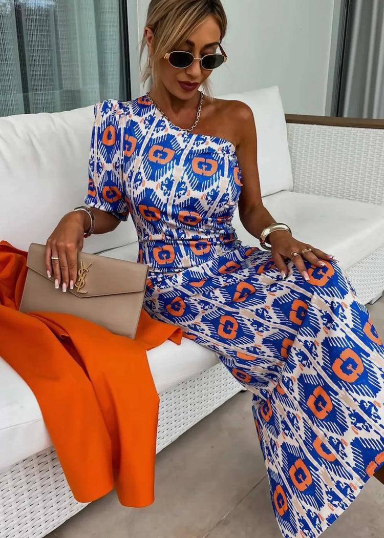 KATE | blue and orange one shoulder midiaxi dress