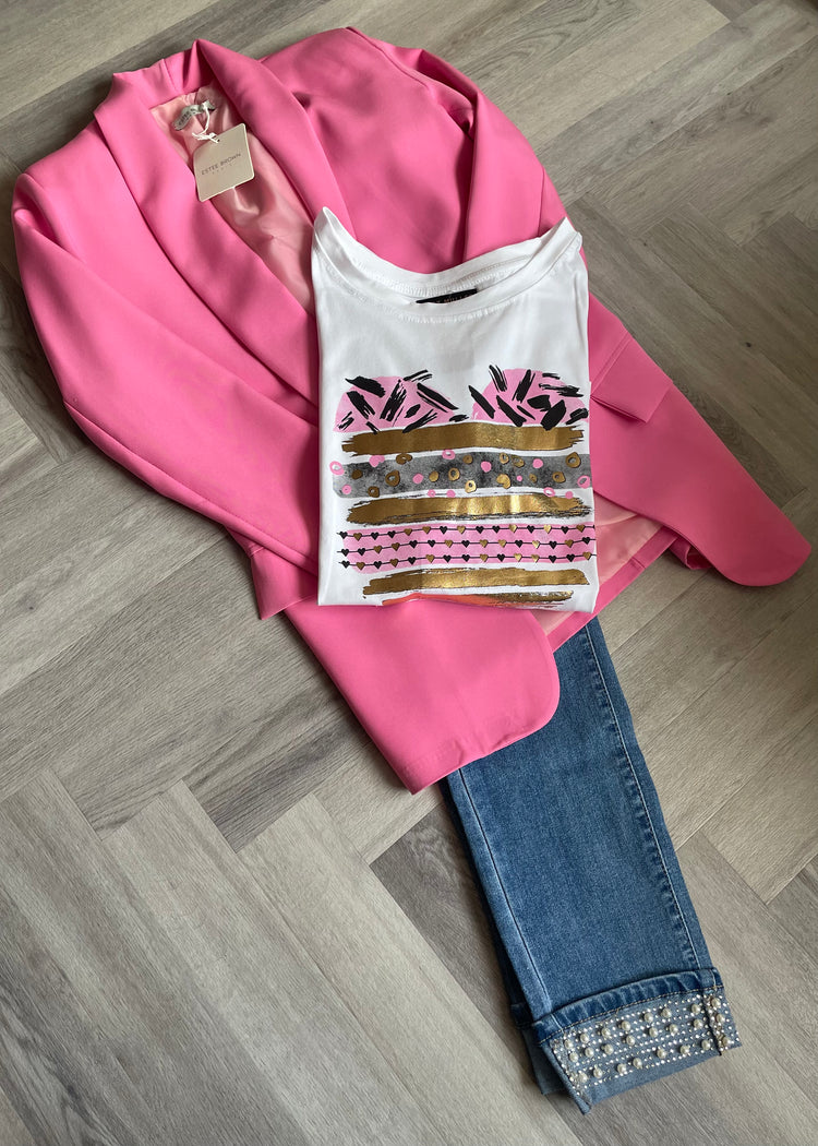 ELLA | white top with pink and gold heart detail