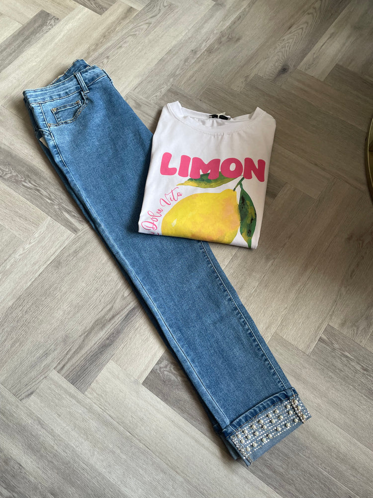 AVERY | blue pearl embellished skinny jeans