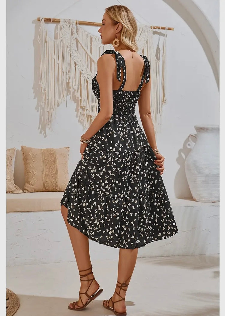 SIENA | black leopard print midi dress with shirred crossover detail and elasticated waist