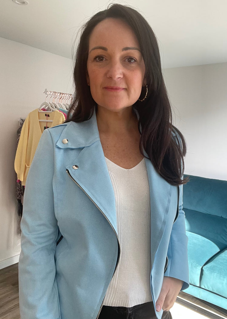 ELLA | light blue faux suede biker jacket