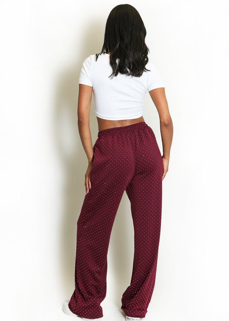MILLIE | burgundy pintuck rhinestone wide leg trousers