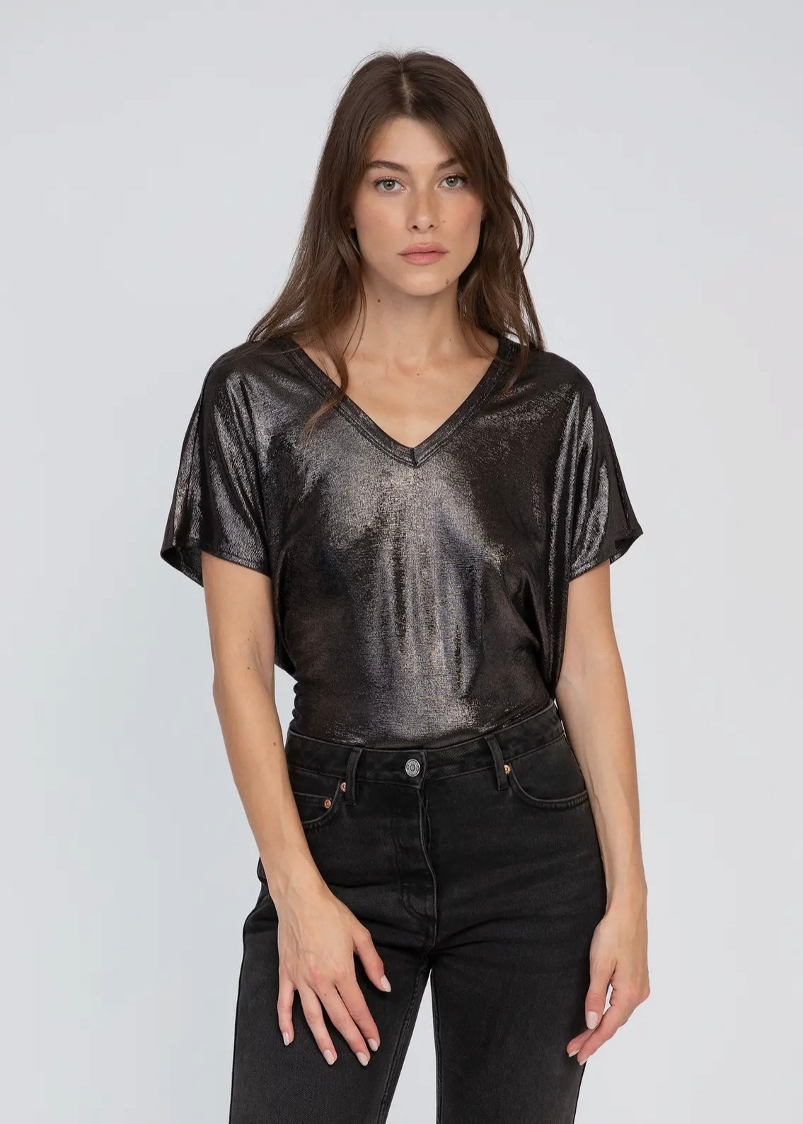 metallic v neck top