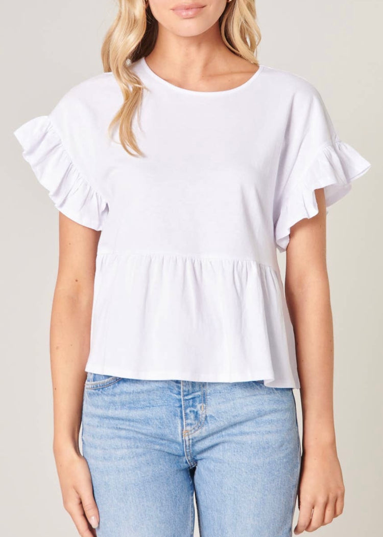 CAROLINE | white ruffle sleeve peplum cotton top